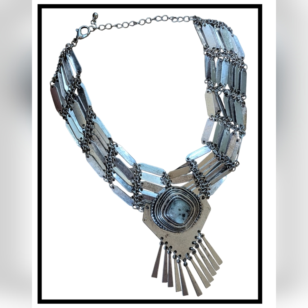 Silver Geometric Statement Necklace.
